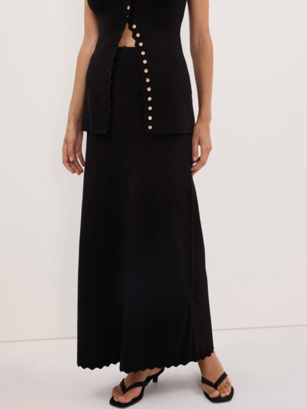 DISSH Zoe Scalloped Knit Midi Skirt XS/S/M Black Noir French Quiet Lux